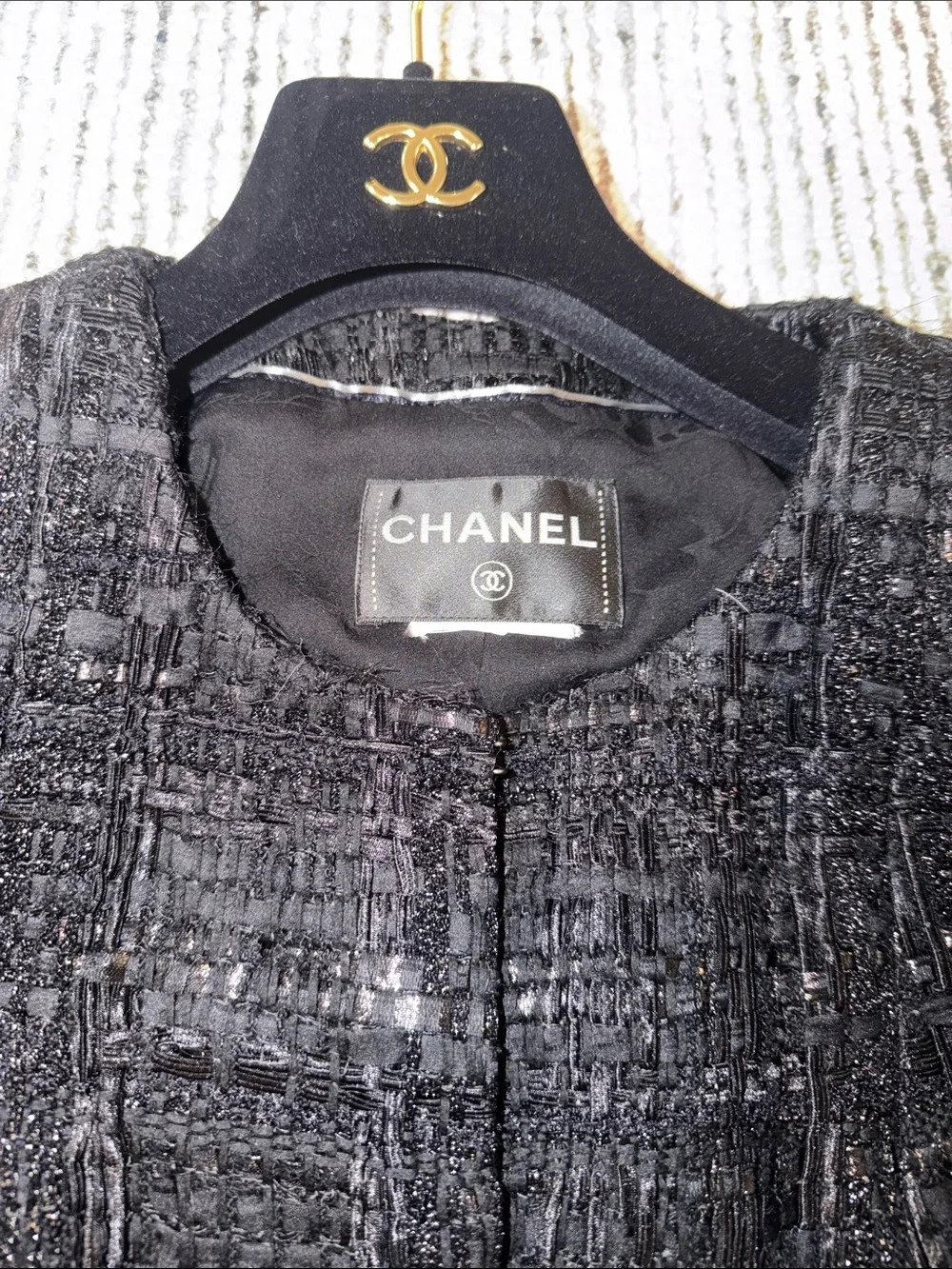 CHANEL Black Tweed Boxy Jacket with Signature Buttons